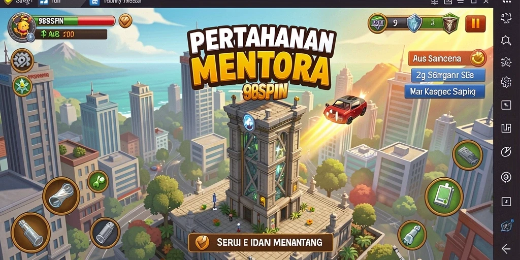 Tangkapan layar gameplay 98SPIN dengan menara dan musuh yang aktif.