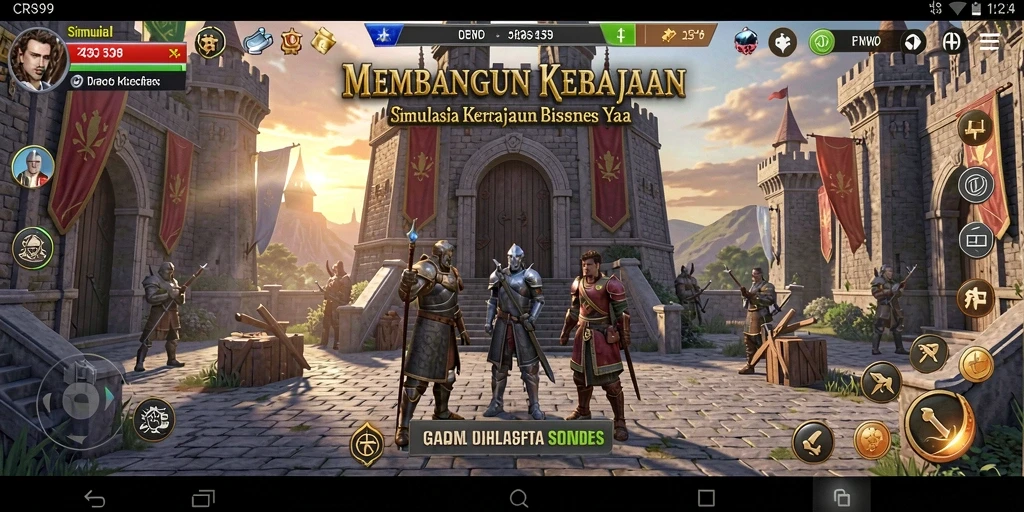 Tampilan gameplay <strong>CRS99</strong> yang menampilkan pembangunan kerajaan bisnis.