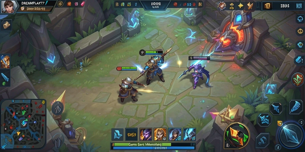 Gameplay mendebarkan dalam arena pertarungan MOBA.