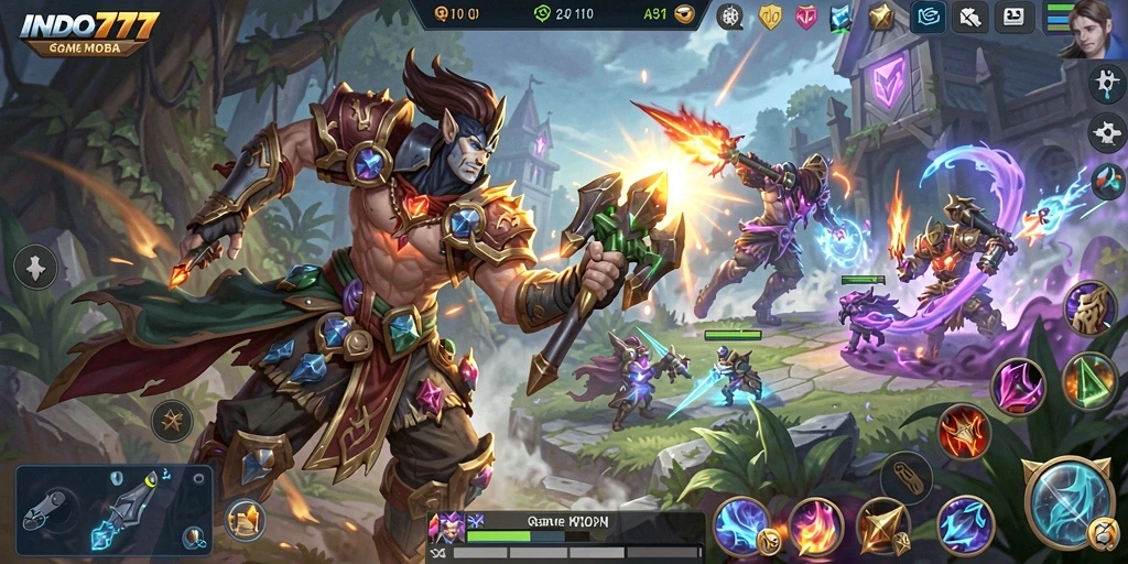Screenshot gameplay INDO777 menampilkan pertarungan epik antara karakter di arena MOBA.