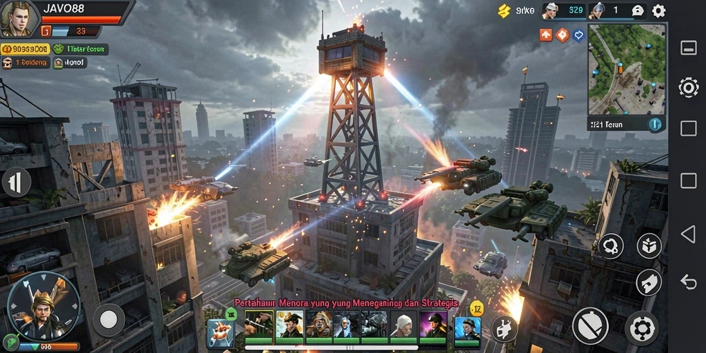 Tangkapan layar JAVO88 menampilkan aksi mendebarkan di permainan Tower Defense.