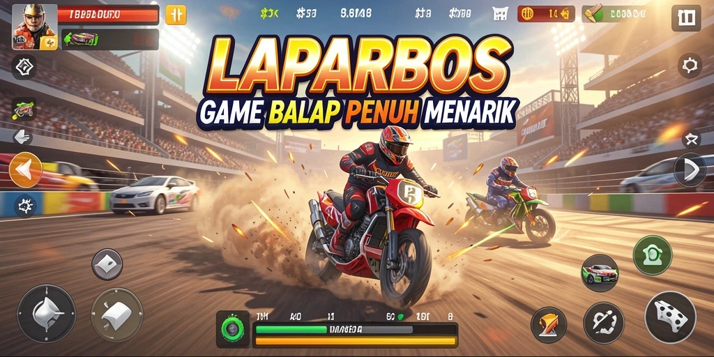Screenshot utama LAPARBOS menampilkan aksi balap yang mendebarkan di lintasan.
