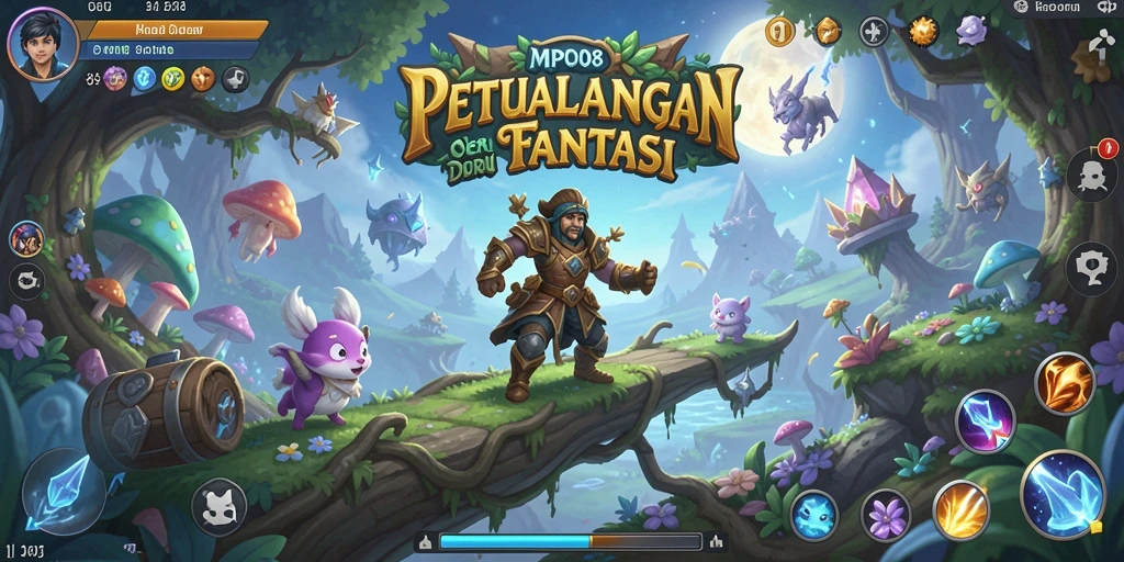 Screenshot MPO08 menampilkan karakter utama menjelajahi hutan magis.