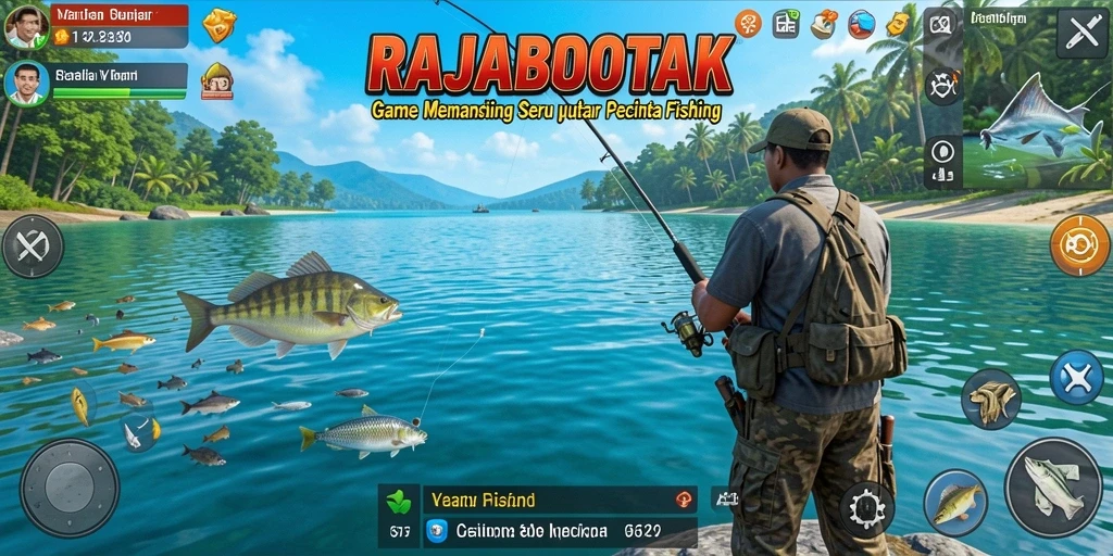 Screenshot gameplay RAJABOTAK menampilkan keseruan memancing di alam yang indah.