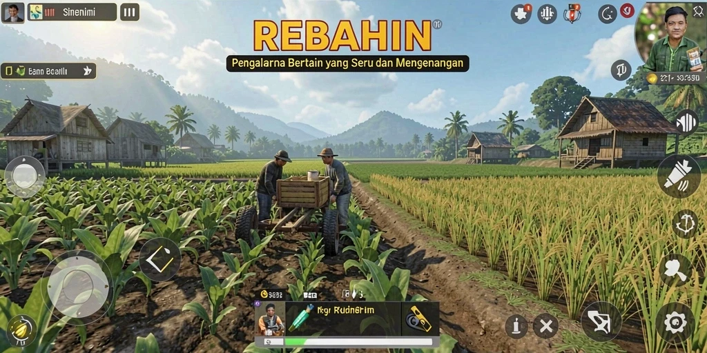 Tangkapan layar memperlihatkan gameplay seru di REBAHIN dengan kegiatan bertani.