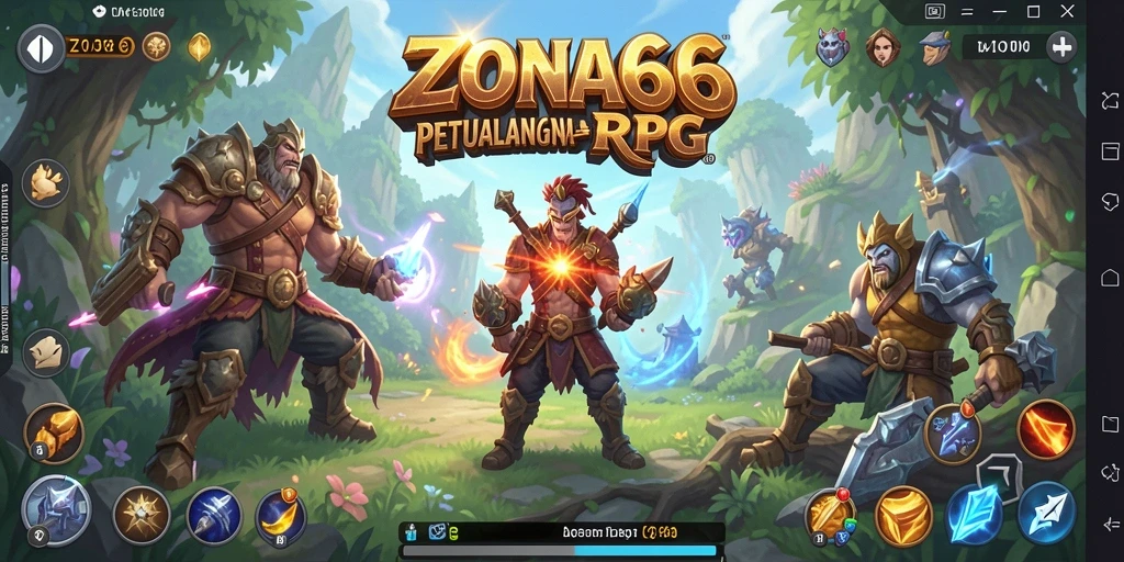 Screenshot ZONA66 menunjukkan pertarungan epik dan lingkungan fantastis.